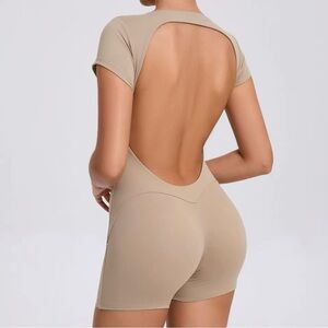 Sporty Stylish Beige Open Back Bodysuit